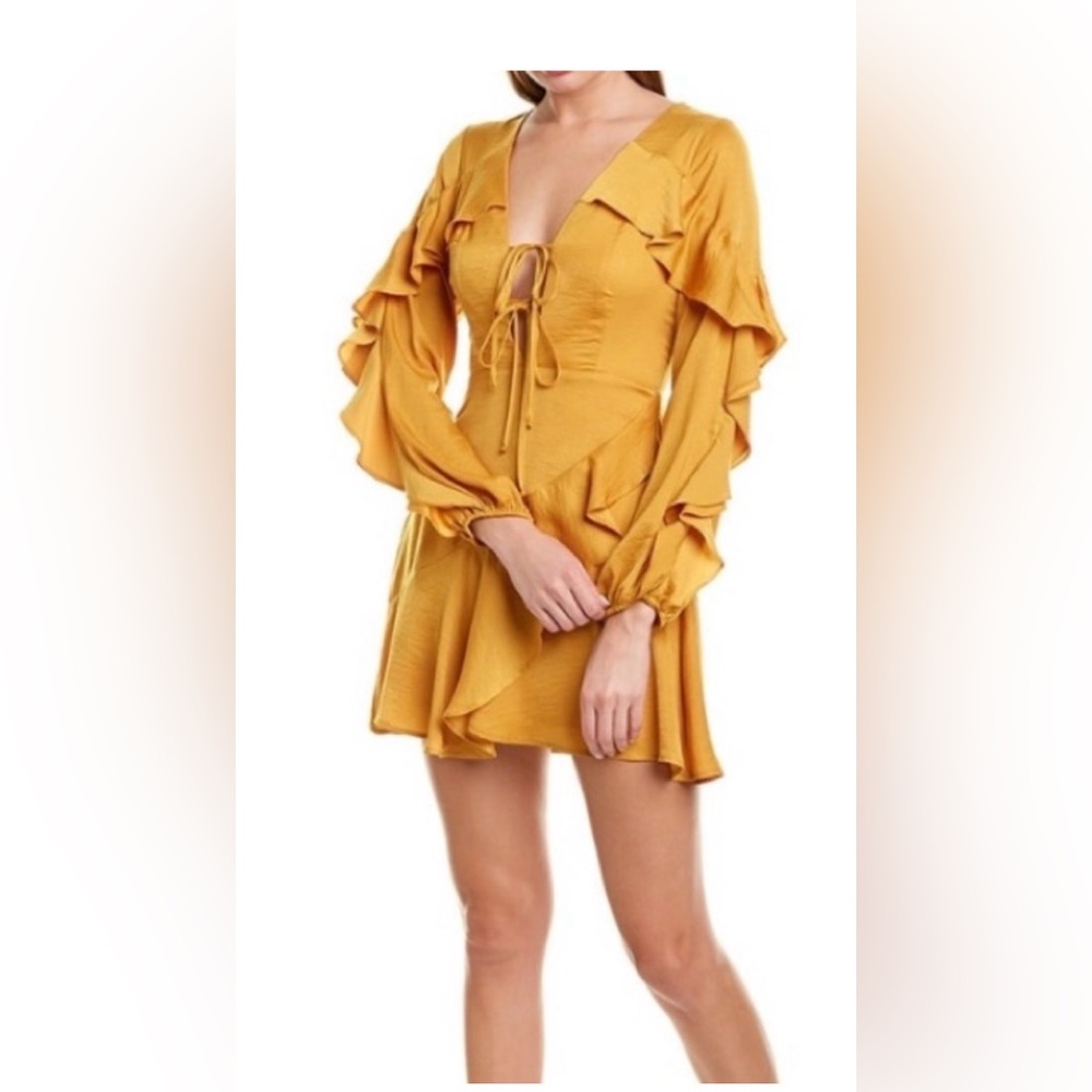 NWT BCBGeneration Mustard Backless Ruffle Long-Sleeve Mini Dress size 0 party